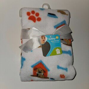 NEW Safety 1st White Baby Blanket Brown Puppy Dogs Blue Bones Fleece 30" x 30"
